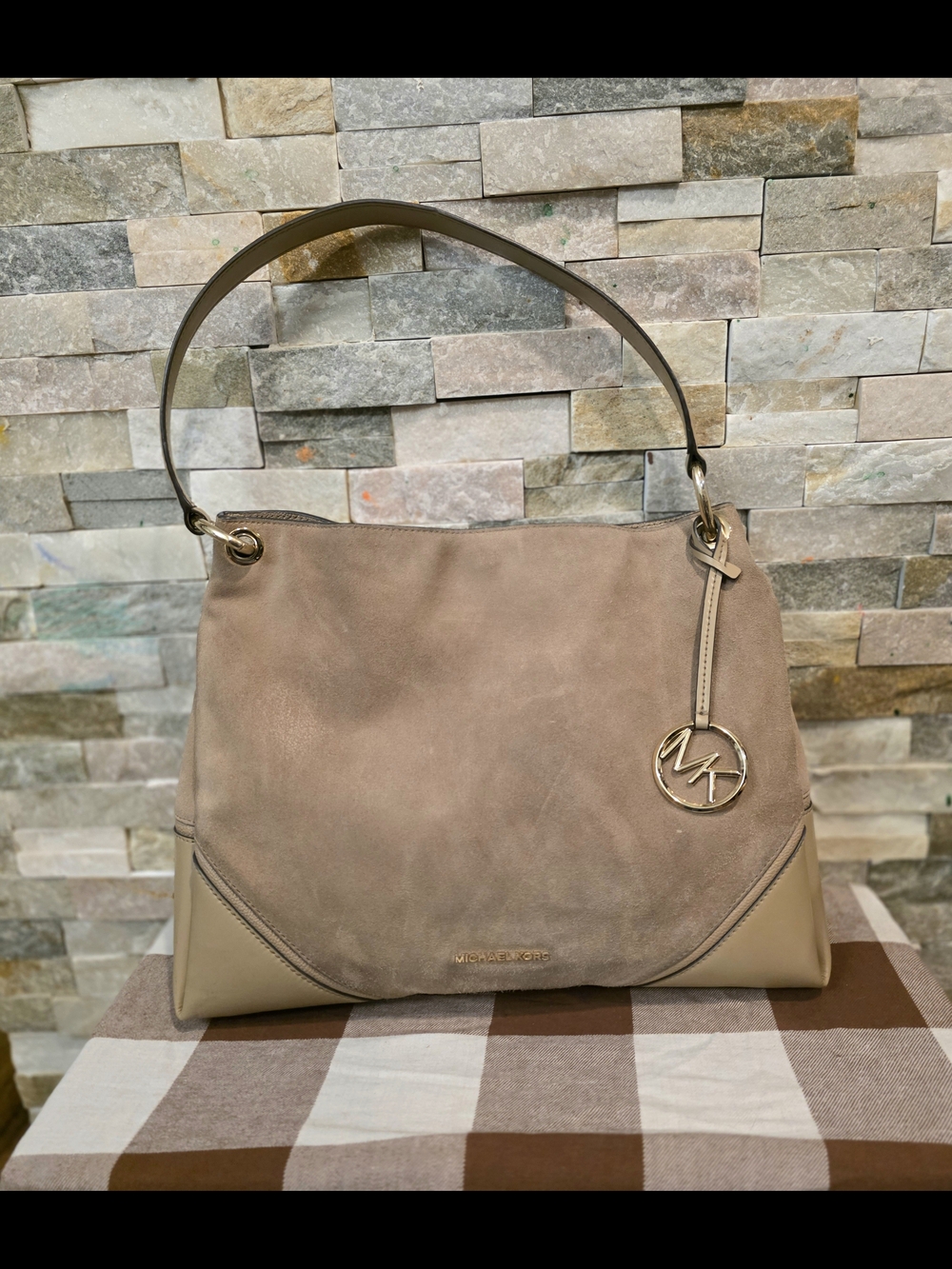 Michael Kors Taupe Suede & Leather Shoulder Bag with Gold MK Charm